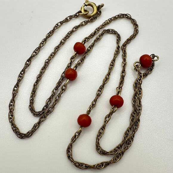 Vintage 12kt gold filled genuine red coral beads beaded station chain necklace - Picture 1 of 8